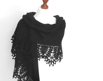 Black Knit and Crochet Bridal Shawl: Wool Wedding Wrap, Bridesmaid Cover-Up