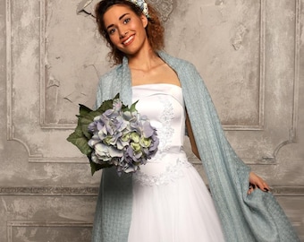 Dusty Blue Scarf Capelet Bridal Cape Antique Blue Knitted Shawl Aqua Blue Wedding Wrap Bridal Shoulder Scarf Bridal Cover Up Wedding Bolero