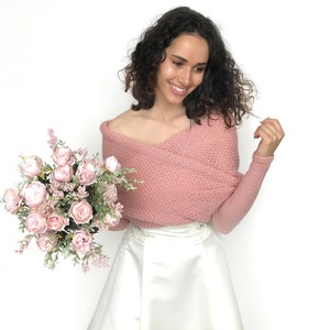 Dusty rose long sleaves shrug merino, wedding sweater, bridal jacet, bridal sweater, cover up, wedding bolero, knitted scarf with arms image 3