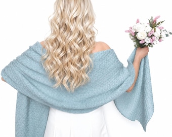 Patina Blue Knitted Bridal Shawl: Knit Wool Wedding Wrap for Bridesmaid Dusty Blue