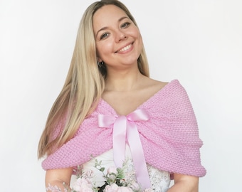 Pink Knitted Bridal Stole: Knit Wedding Wrap Cover-Up for Bridesmaid, Plus Size too