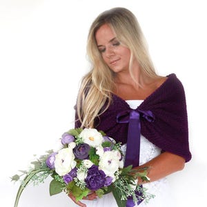Plum bridal shawl, dark purple cover up, wedding bolero, knitted tole, eggplant color capelet, wedding wrap, bridal cape, plus size too