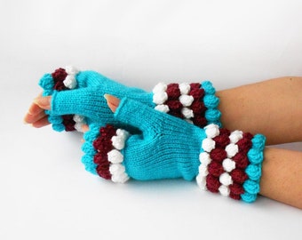 Turquoise Fingerless Hand Warmers, Knitted and Crocheted Girls gloves, Blue Wrist Warmers, Fall Winter Fingerless gloves, Blue Gloves