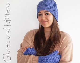 Knitted Blue Beanie and Fingerless Gloves Set: Christmas Gift