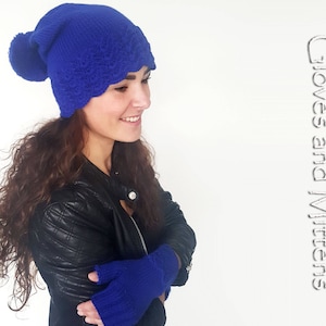 Conjunto de tricô e crochê, gorro e luvas de tricô azul brilhante, conjunto de inverno feminino azul, conjunto de crochê outono-inverno, chapéu com pompom, presente de Natal