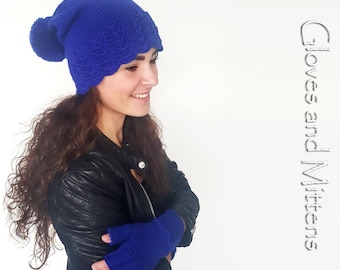 Bright Blue Knit Beanie and Gloves Set: Royal Blue Knitted Winter Accessories