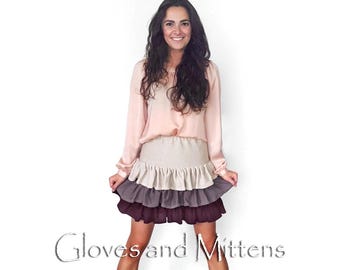Knitted Winter Skirt: Boho Frill Knitwear Burgundy Taupe