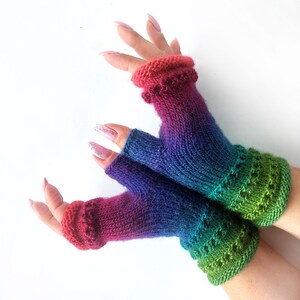 Hand-Knit Fingerless Gloves: Green, Blue, Purple Color Blend Knitted Hand Warmers