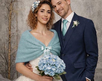 Dusty Blue Knit Bridal Bolero: Wedding Wrap Cover-Up, Bridesmaid Shawl Patina Blue