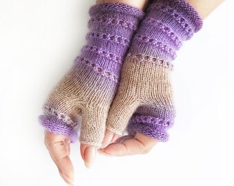 Gants sans doigts violets, beiges, Chauffe-mains sans doigts, Chauffe-poignets, Gants ombre en laine, Cadeau pour femme, Cadeau de Noël fait à la main.