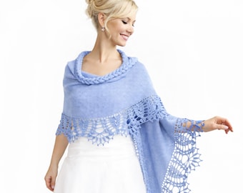 Knit and Crochet Wedding Shawl: Bridal Cover-Up, Handmade Stole Light Blue, Wrap for Bridesmaids