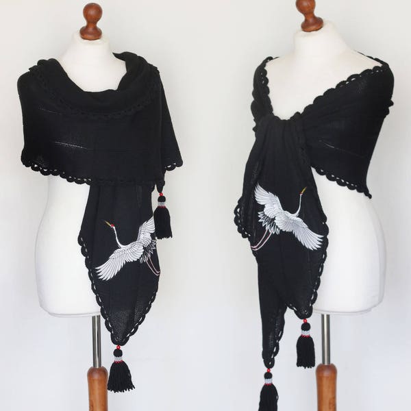 Knitted summer shawl with crane bird, black shawl, black wrap, knitted cover up, bolero, shrug, black capelet, bridesmaid knit cape, poncho