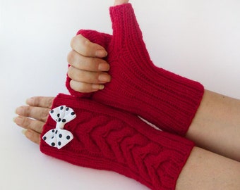 Red Knitted Hand Warmers Fingerless Gloves Red Fingerless Mitts Wrist Warmers Girls gloves with Bow Gift for Her Gift for Woman