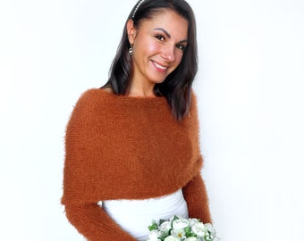 Burnt orange wedding jacket, rust convertible bridal sweater, long sleeves shrug, cover up, wedding jacket, knitted scarf with arms