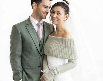 Sage Green Knitted Bridal Wrap, Shoulder Wedding Shrug with Long Gloves, Bridesmaid Cover Up