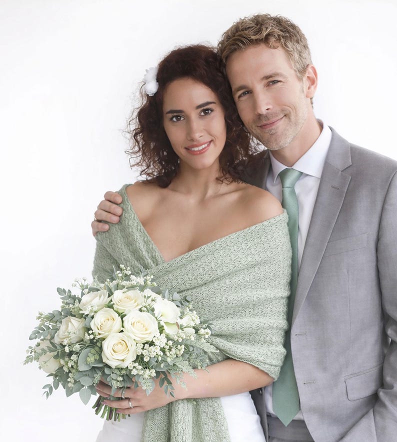 Knitted Wedding Stole: Sage Green Bridal Cover Up, Bridesmaid Shawl, Plus Size available image 7