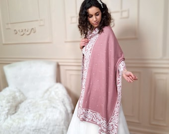 Dusty Rose & White Knit Double-Sided Shawl: Mauve Bridal Wrap, Knitwear Shawl