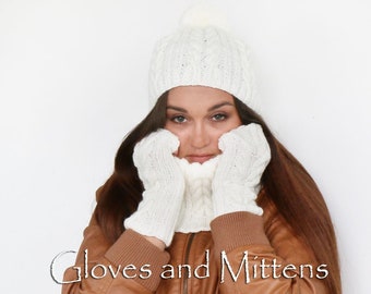 White Knitted SET, Scarf Beanie and Fingerless Gloves, Knit Wool Winter SET, Ivory Warm SET, Winter Beanie and Cowl, Chunky Beanie and Scarf