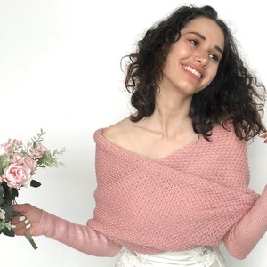 Dusty rose long sleaves shrug merino, wedding sweater, bridal jacet, bridal sweater, cover up, wedding bolero, knitted scarf with arms image 2