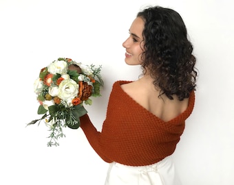 Pull de mariage orange brûlé, jacet de mariée, pull de mariée convertible, haussement d'épaules à manches longues, couverture, boléro de mariage, écharpe en tricot avec bras