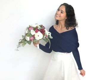 Maglione da sposa blu scuro, giacca da sposa, maglione da sposa convertibile, coprispalle a maniche lunghe, copricostume, bolero da sposa, sciarpa lavorata a maglia con braccia