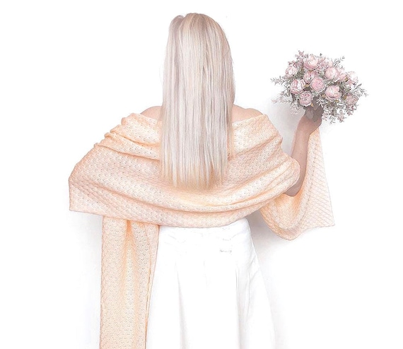 Light Peach Knitted Bridesmaid Shawl, Light Peach Bridal Shawl