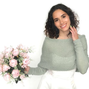 Chaqueta de boda verde salvia, suéter de novia convertible, encogimiento de hombros de manga larga, cubierta blanca, chaqueta de boda verde, bufanda de punto con brazos sage green