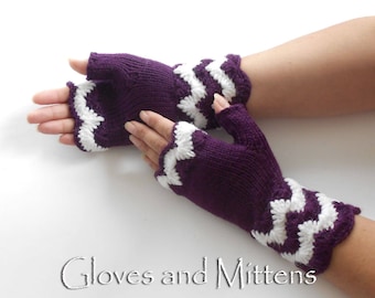 Gants violets sans doigts, gants tricotés et crochetés, chauffe-mains sans doigts, chauffe-poignets, cadeau de Noël, cadeau pour femme, violet blanc