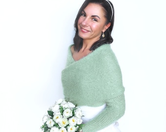 Veste de mariage vert sauge, pull de mariée convertible, haussement d'épaules à manches longues, tenue blanche, veste de mariage verte, écharpe tricotée avec bras