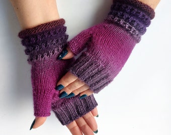 Fingerless gloves purple, magenta, brown, Fingerless hand warmers, Wrist warmers, Vegan ombre gloves, Gift for woman, Christmas gift