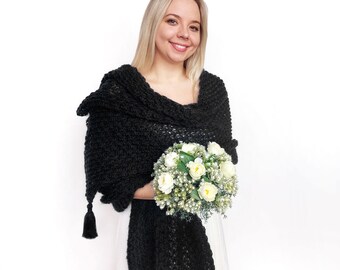 Schwarzes Hochzeitstuch aus Mohair, klobiges Brauttuch, Brauthülle, Hochzeitsbolero, gestricktes schwarzes Tuch für die Winterhochzeit, auch in Übergröße