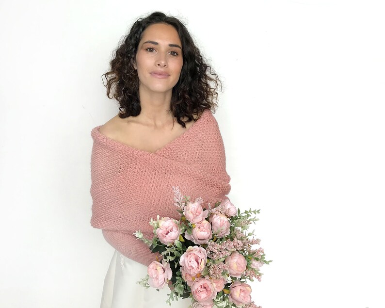 Dusty rose long sleaves shrug merino, wedding sweater, bridal jacet, bridal sweater, cover up, wedding bolero, knitted scarf with arms image 4