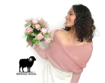Dusty Rose Merino Wool Wedding Shrug: Bridal Bolero Cover-Up, Scarf with Arms for Bridesmaid
