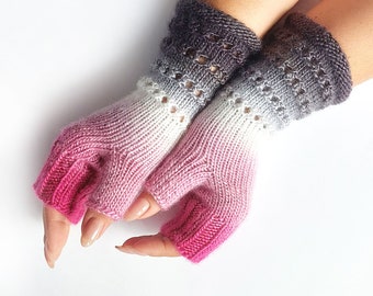 Fingerless gloves pink, gray, white, Fingerless hand warmers, Wrist warmers, Vegan ombre gloves, Gift for woman, Christmas gift handmade