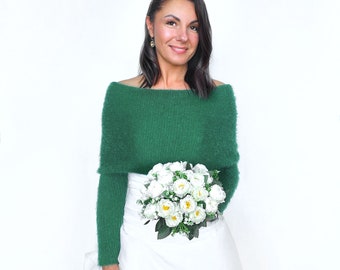 Giacca da sposa verde smeraldo, maglione da sposa convertibile blu, scrollata di spalle a maniche lunghe, copertura, giacca da sposa, sciarpa lavorata a maglia con braccia verdi