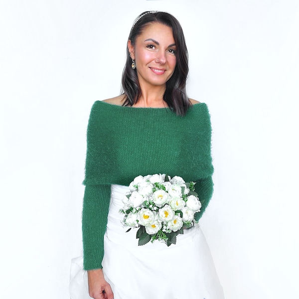 Veste de mariage vert émeraude, pull de mariée convertible bleu, haussement d'épaules à manches longues, tenue vestimentaire, veste de mariage, écharpe tricotée avec bras verts