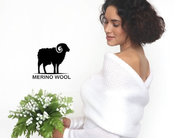 Suéter de novia de lana merino, chaqueta de novia, suéter de novia convertible, bolero de manga larga, pareo, bolero de boda, bufanda de punto con mangas