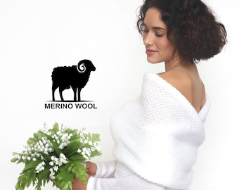 Maglione da sposa in lana merino, giacca da sposa, maglione da sposa convertibile, coprispalle a maniche lunghe, copricostume, bolero da sposa, sciarpa lavorata a maglia con braccia