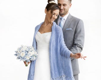 Sky Blue Knitted Bridal Shawl, Wedding Knit Wrap, Winter Bridesmaid Cover Up