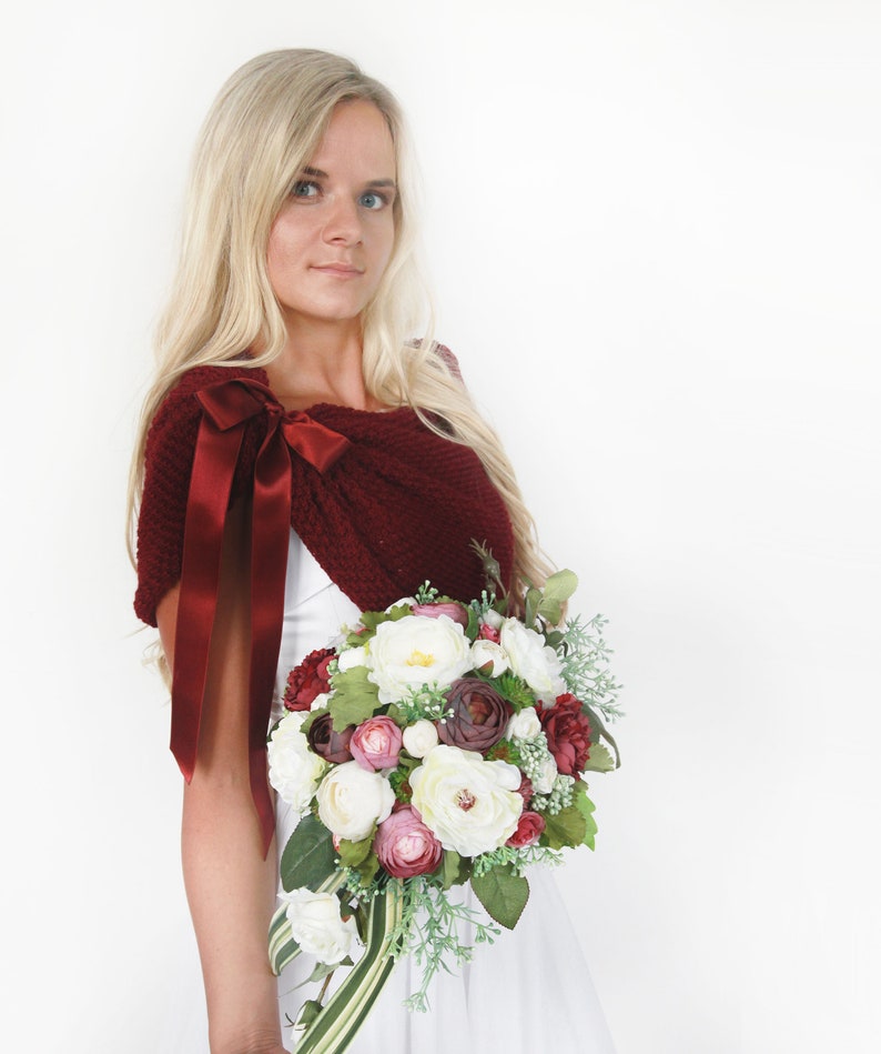 LOT Bridesmaid Shawl Maroon Wrap Cover Up Shrug Knitted Capelet Cape Bridesmaids Accessories Bolero Stole Bridesmaids SET