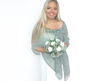 Mohair and Silk Wedding Shawl: Sage Green Knitted Bridal Wrap, Lightweight Greenery Cover-Up