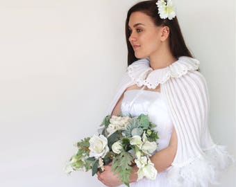 White bridal shawl, wedding Wwrap, bridal cover up, wedding bolero, white knitted shawl, white capelet, bridal cape, bridesmaid shawl