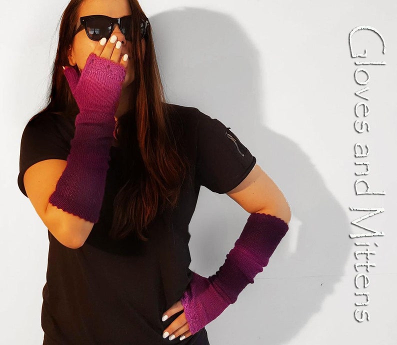 Purple Long fingerless gloves Knitted long gloves Gradient boho knit gloves Wool winter gloves Arm Warmers Wrist warmers Alpaca wool gloves