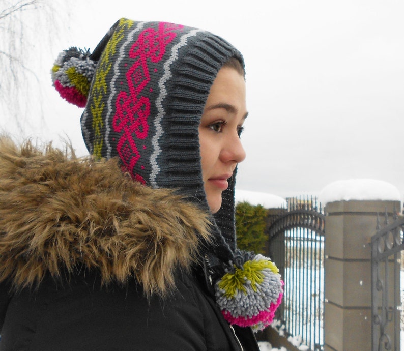 Fall Winter Beanie Patterned Beanie Slouchy beanie hat Warm Knitted Hat with Pom Pom Gift for Girl Knit Hat Grey Girls Beanie