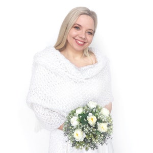 Mohair white wedding wrap, chunky bridal shawl, bridal cover up, wedding bolero, knitted white shawl for winter wedding, plus size