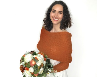 Pull de mariage en cuivre, jacet de mariée, pull de mariée convertible, haussement d'épaules à manches longues, camouflage, boléro de mariage, écharpe en tricot avec bras ambre