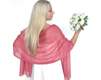 Shoulder scarf coral color mohair and silk, wedding wrap, bridal shawl, bridal cover up, knitted capelet, cape, bridesmaid shawl coral