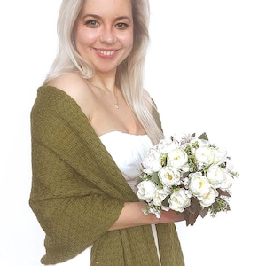Olive green knitted bridesmaid shawl, green bridal shawl, green wedding wrap, bridal shoulder scarf, cover up, wedding color olive green