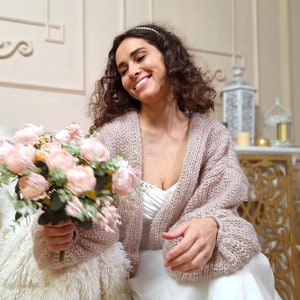 Beige Braut Cardigan Mohair, gestrickte Mohair Jacke, Grobstrick-Cardigan, Wolljacke, Braut Mohair Pullover Mantel, Hochzeitsjacke