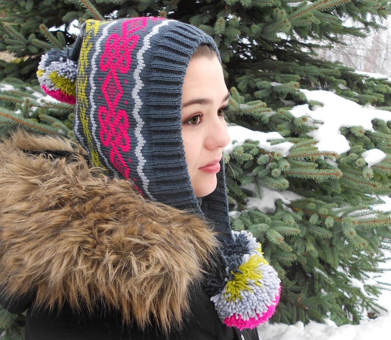 Fall Winter Beanie Patterned Beanie Slouchy beanie hat Warm Knitted Hat with Pom Pom Gift for Girl Knit Hat Grey Girls Beanie